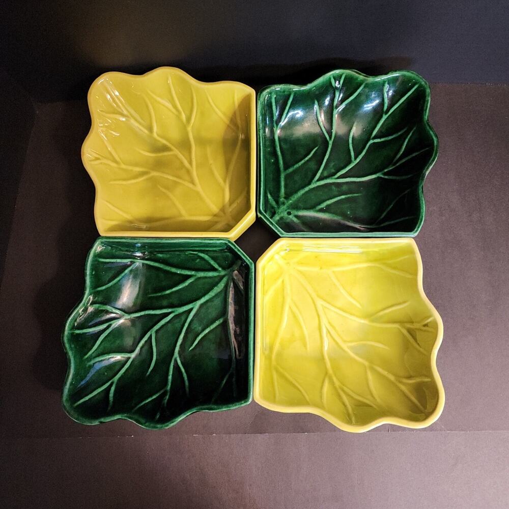 MCM 2-Tone Green 4 Cabbage Leaf Ceramic Relish Appetizer Square Serving Dishes